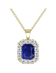 14K Yellow Gold Emerald Cut Blue Sapphire And Round Diamond Pendant