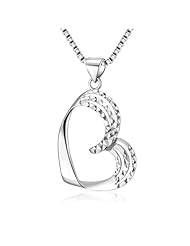 14K Italian White Gold Diamond Cut Three Rows Open Floating Heart Drop Pendant Necklace (16"), Women Jewelry in Gift Box