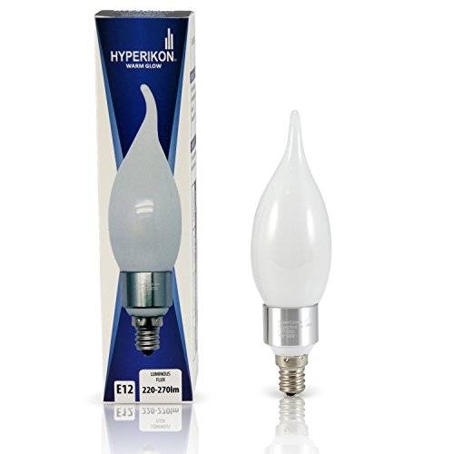 Hyperikon® LED Candle 3-Watt (30-Watt), Flame Tip Chandelier Bulb, Silver Housing, Candelabra Base (E12), 2300K (Amber Glow®), Frosted Cover, 340°-Beam Angle, Dimmable, UL-Listed