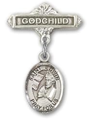 Sterling Silver Baby Badge with St. Edwin Charm and Godchild Badge Pin