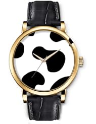 SPRAWL Aanalog Fashion Series Gold Ladies Watches of Genuine Black Leather Strap,Unique Wrist Watch for Women Girls Designed with Stain of a cow