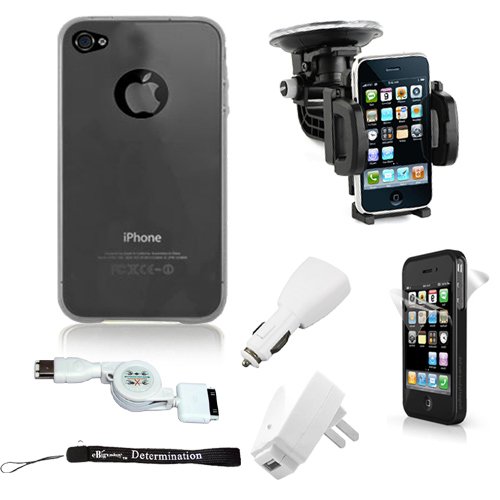 Dark Smoke Flexi Skin Cover for Apple iPhone 4 / 4th Generation compatible with 16GB / 32GB + 4-inch eBigValue (TM) Determination Hand Strap Key Chain + Includes a Rotadable GPS / Cell Phone Car Windshield Mount compatible for your iPhone 4 + Includes a Trave Accessorie Charge Kit; Home and Wall charger with a Retractable USB Sync Cable