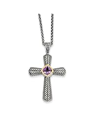 SS 14k Yellow Gold .70 Amethyst Cross 18in Vintage Style Necklace 0.7ct