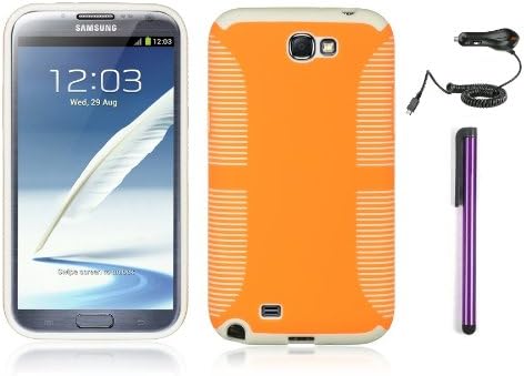 Premium Two Layer Hybrid Protector Cover Ez Grip Case for Samsung Galaxy Note 2 with Purple Stylus Pen and Phone Stand, Car Charger (Orange)