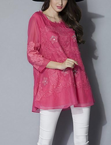 RoyalAdele Womens Lace Tencell 3/4 Sleeve Floral Embroidered Studded Shirt Dress