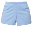 Light blue solid color exercise sport shorts for women and girls. Covered elastic waist & vents.