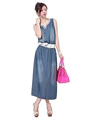 V-neck Denim Summer Belted Elasticized   Waistline  Dress