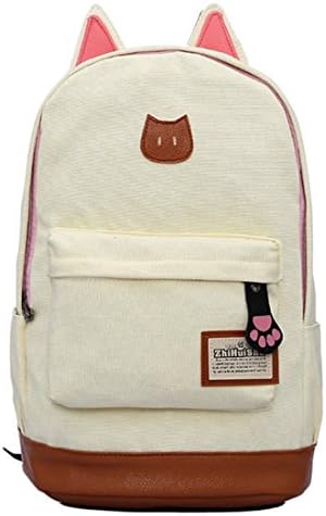Fashion Cute Cat Ears Casual Canvas Shoulder Bag Laptop Backpack Travel School College Shoulder Bag (Cream-colored)