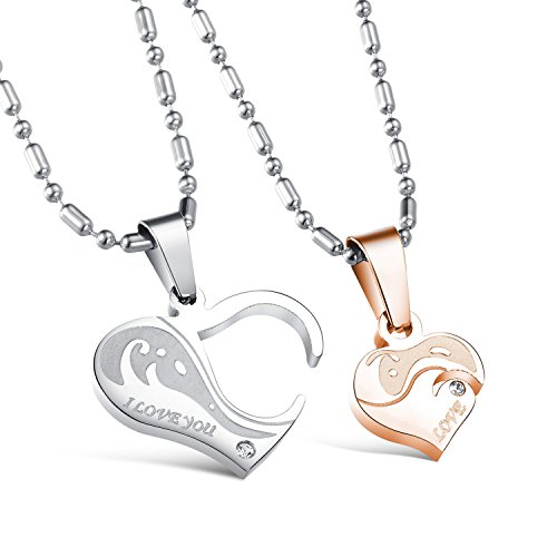 Dixivi Jewelry A Pair Split Heart Engraved "I love you" Promise Stainless Steel Couple Necklace