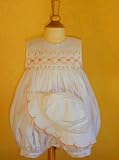 Pretty in Pink Hand Smocked Hearts & Ribbons Bubble and Hat Set- Sizes 3m-6m-9m-12m-18m-24m (24M, White with Peach)