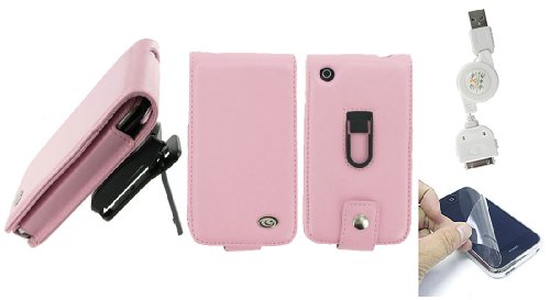 2n1 Combo Apple iPhone 3G - Pink Premium Leather Flip Case with Removable Video Stand Rotating Belt Clip - Bundled with Screen Protector and Retractable USB Data Sync and Charge Cable