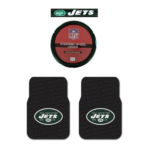 A Set of 2 Universal-Fit NFL Rubber Floor Mats and a Comfort Grip Steering Wheel Cover - New York Jets
