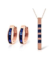 14k Rose Gold Jewelry Set: Natural Sapphire Pendant Necklace and Huggie Hoop Earrings