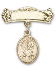 14K Gold Baby Badge with St. Andrew the Apostle Charm and Arched Polished Badge Pin