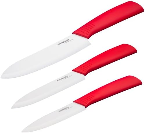 Toponeware CKRDW456 3-Piece Ceramic Knife Set, Red/White