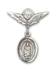 Sterling Silver Baby Badge with Our Lady of Victory Charm and Angel with Wings Badge Pin