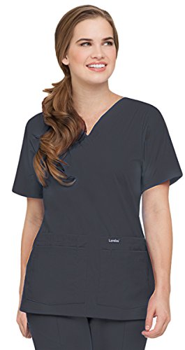 Landau Women's 4-Pocket V-Neck Classic Fit Solid Scrub Top Large Graphite