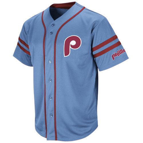 MLB Philadelphia Phillies 80's Cooperstown Adult Short Sleeve Synthetic Button Front Jersey (Coastal Blue/Maroon, Small)