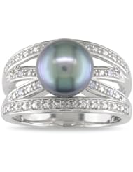 Sterling Silver 9.0-9.5mm Tahitian Cultured Pearl and Diamond Ring (0.04 cttw, G-H Color, I2-I3 Clarity)