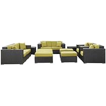 Big Sale LexMod Eclipse Outdoor Wicker Patio 9-Piece Sofa Set in Espresso with Peridot Cushions