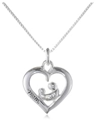 Sterling Silver Open Heart with Silhouette of A Mother and A Baby Heart Shaped Pendant Necklace, 18"