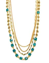Rachel Reinhardt "Kate" 14k Gold Plated Long Four Strand Necklace with Blue Agate Faceted Pillow Beads