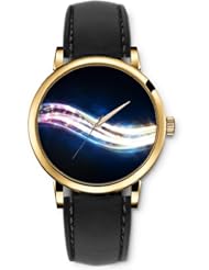 SPRAWL Aanalog Fashion Series Gold Ladies Watches of Genuine Black Leather Strap,Unique Wrist Watch for Women Girls Designed with Strip light and stars