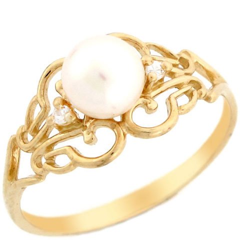 Click To 14k Solid Yellow Gold Freshwater Pearl & CZ Filigree Every Day Ring Details... 14k Solid Yellow Gold Freshwater Pearl & CZ Filigree Every Day Ring