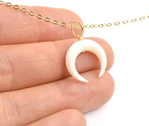 Crescent Moon Necklace White Double Horn Bone Pendant Gold Filled or Sterling Silver Modern Jewelry Women