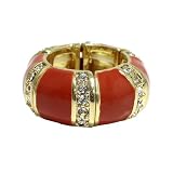 Fashion Rhinestone Ring; 15mm Long; Gold Metal; Red Enamel; Clear Rhinestones; One Size Fits Most;