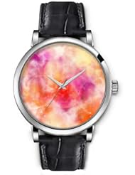 SPRAWL Aanalog Fashion Series Silver Ladies Watches of Genuine Black Leather Strap,Unique Wrist Watch for Women Girls Designed with Fresh tulips on background