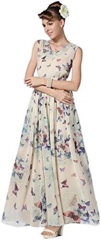 Chiffon Butterfly Print Ankle Length Maxi Long Gown Party Dress Pattern 3 (XL)