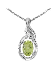 10k White Gold Oval Peridot And Diamond Pendant with 16" Chain