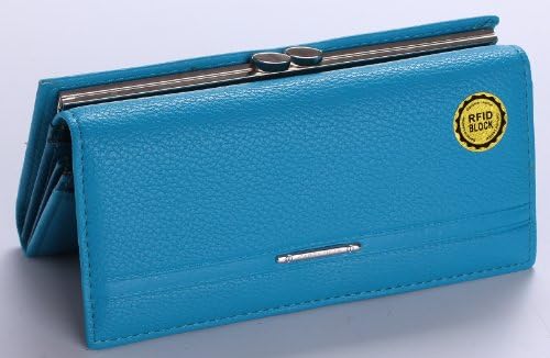 CARRY Fashion Modern Women Girls Royal RFID Blocking Secure Genuine Leather Stud Flip Faux Wallet Clutch Purse Ladies Long Handbag(blue)