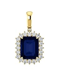 18K Yellow Gold 10.00x8.00mm Emerald Cut Chatham Created Sapphire and Diamond Pendant -- LIFETIME WARRANTY