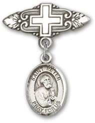 Sterling Silver Baby Badge with St. Peter the Apostle Charm and Badge Pin with Cross