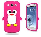 Samsung Hot Pink Penguin Silicone Case Cover with Free Custom Screen Protector, WirelessGeeks247 Metallic Detachable Touch Screen Stylus Pen and Anti Dust Plug for Samsung Galaxy S3 i9300