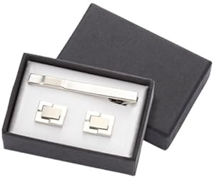Aeropen International CUT-02 2 Tone Silver Metal Cufflinks with Matching Tie Clip