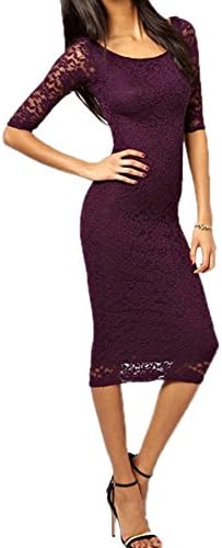 Janecrafts Women's Elegant Bodycon 2/3 Sleeves Lace Overlay Prom Evening Midi Dress
