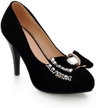 Vogue009 Girls Elegance Closed Pointed Toe Stiletto Frosted Pumps with Rhinestones and Bowknot, Black, 39