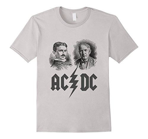 AC/DC Tesla &amp; Edison T-Shirt, Gift for Electrical Engineers - Male Large - Silver