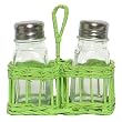 Hand Woven Kiwi Green Painted Willow Basket with Glass Salt and Pepper Shakers 5"H - Two Sets