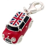 Welded Bliss Sterling 925 Silver Mini Cooper Car Charm, Red Enamel and Union Jack, Gem Set Headlights. Clip Fit WBC1030