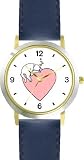Cat Sleeping - Pink Heart - Cat - WATCHBUDDY® DELUXE TWO-TONE THEME WATCH - Arabic Numbers - Blue Leather Strap-Size-Large ( Men's Size or Jumbo Women's Size )