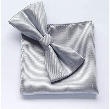 DGXH Men's Little Polka Dot Suit Folding Self Bow Tie Pocket Square Set(Silver)