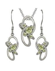 Sterling Silver Plain Links with Round Light Peridot Cubic Zirconia Earring and Pendant Set 16 inches chain