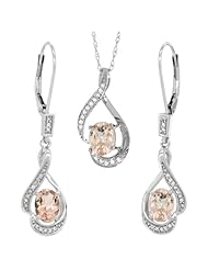 14K White Gold Natural Morganite Lever Back Earrings & Pendant Set Diamond Accent