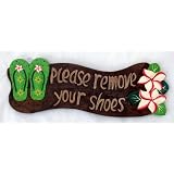 Please Remove Your Shoes Wood Sign w/ Flip Flops Tropical Flower