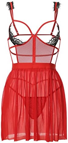 Singlelady Women's Lingerie Open Cup Lace Babydoll Sleepwear (US S=Tag M, Red)