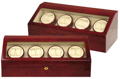 Burgundy Wood Finish 8 Watch Winder With 9 Additional Watch Storage Spaces, Four Turntable With 4 Program Settings..